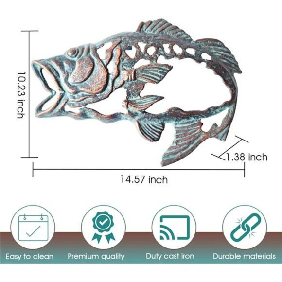 Cast Iron Fish Wall Art Large Mouth Bass Metal Decor Rustic Nautical Sign - Picture 2 of 8